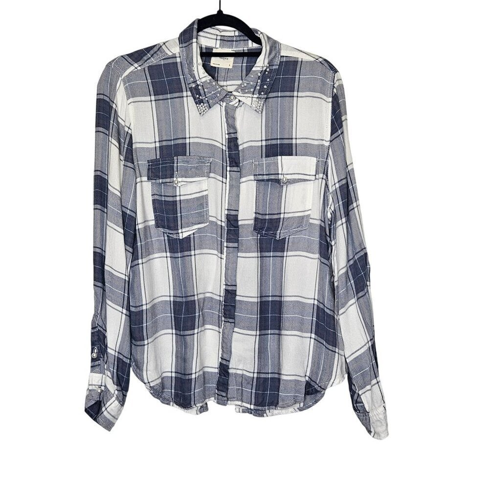 Harper Womens Blue Plaid Long Sleeve Button-Up Shirt Pearl‎ Accents Roll Tab L